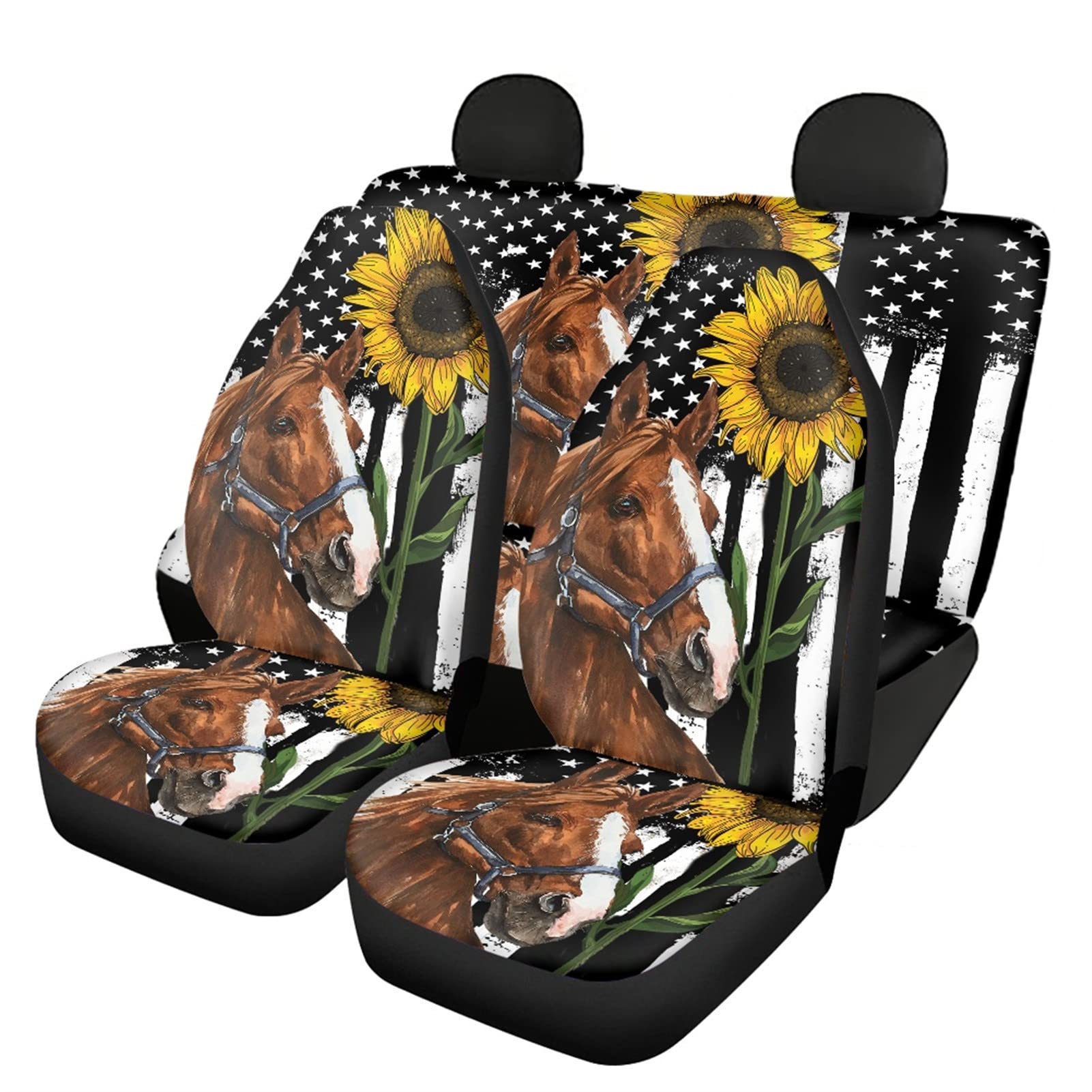 Showudesigns American Flag Horse car Seat Cover for Front Seat cover + Pet dog Rear seat back cover Seat Protector Auto Accessories 4-piece general fit for most SUV trucks