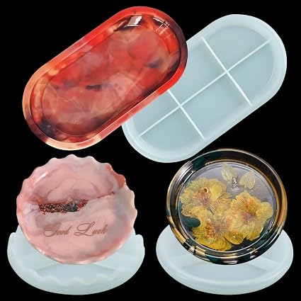 Palksky 3 件套 硅胶树脂餐具模具 肥皂环氧树脂托盘模具diy珠宝戒指小物件托盘模具收纳板铸造容器模具 圆形 椭圆形 波浪 亚马逊中国 玩具