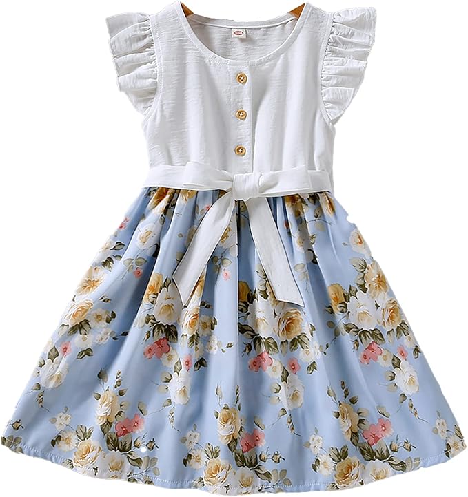 幼儿女婴夏季芭蕾舞短裙休闲褶皱无袖花卉彩虹公主裙一件式背心裙服装