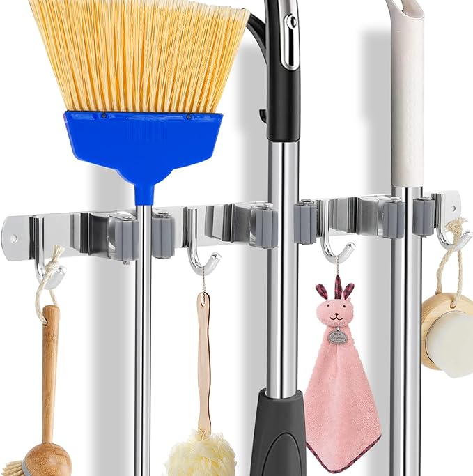不锈钢墙壁拖把和扫帚收纳架,适用于家庭厨房车库洗衣房花园,3 个架子
