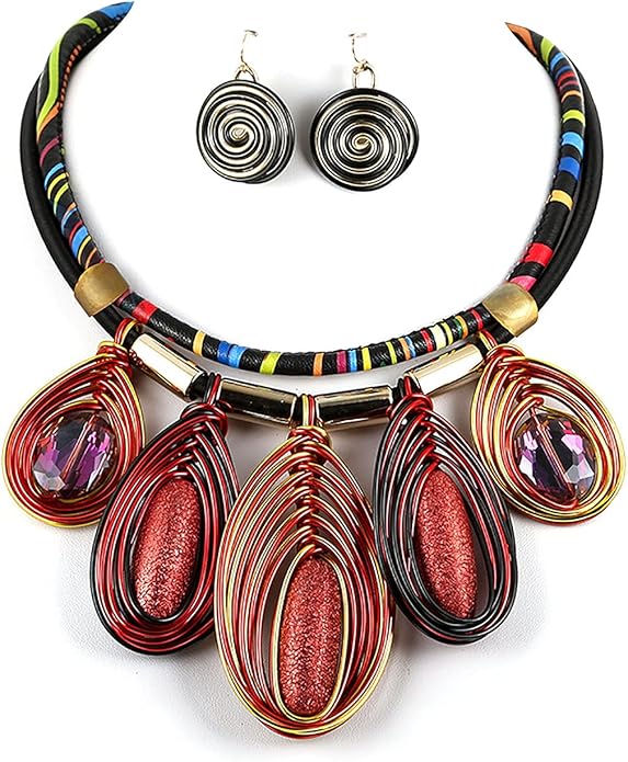 厚实的非洲部落颈链吊坠耳环套装树脂钢丝包裹流苏领宣言项链适合女士