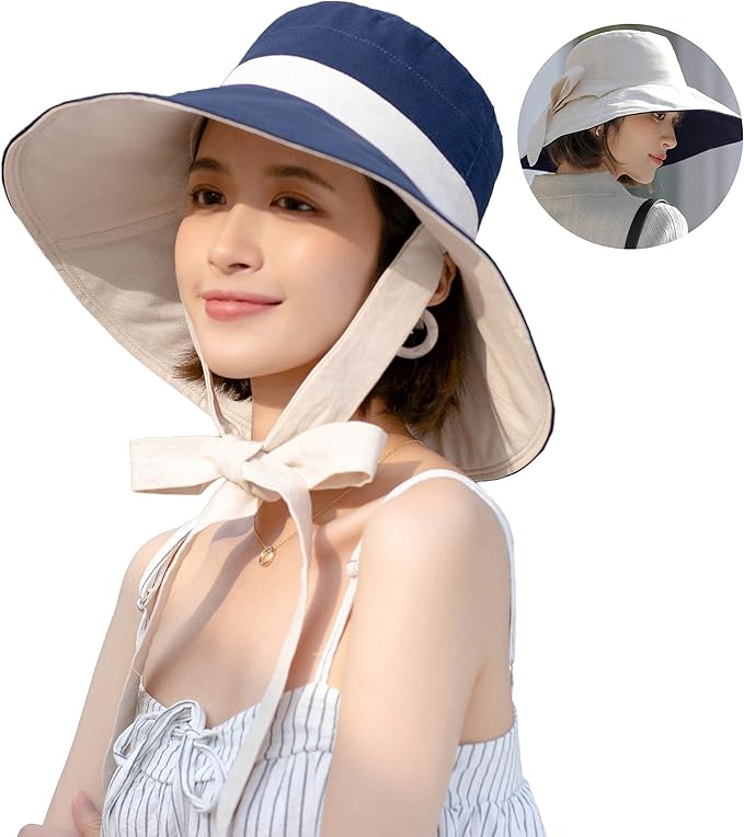 双面防紫外线,可折叠遮阳帽女式宽边园林帽,带下巴绳 56-68cm