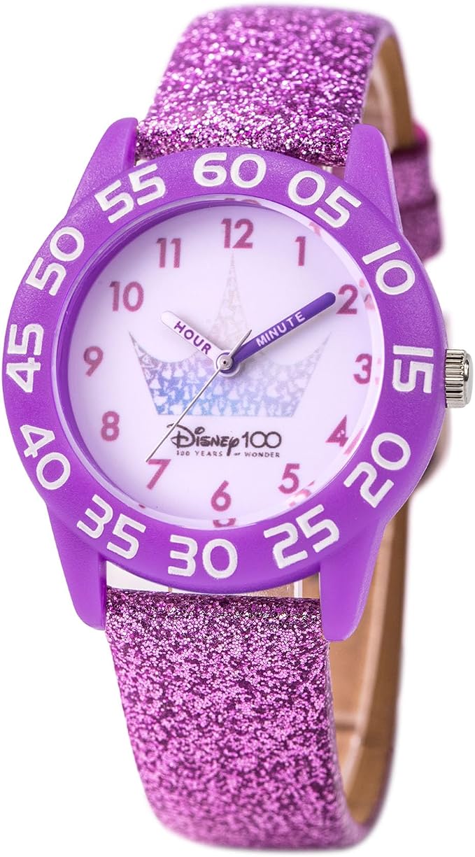 disney 100 儿童塑料时间教师模拟石英皮革表带手表, 紫色, 现代
