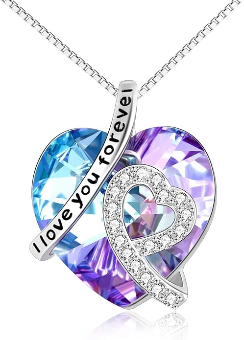 标准纯银" i love you forever" 心形吊坠项链施华洛