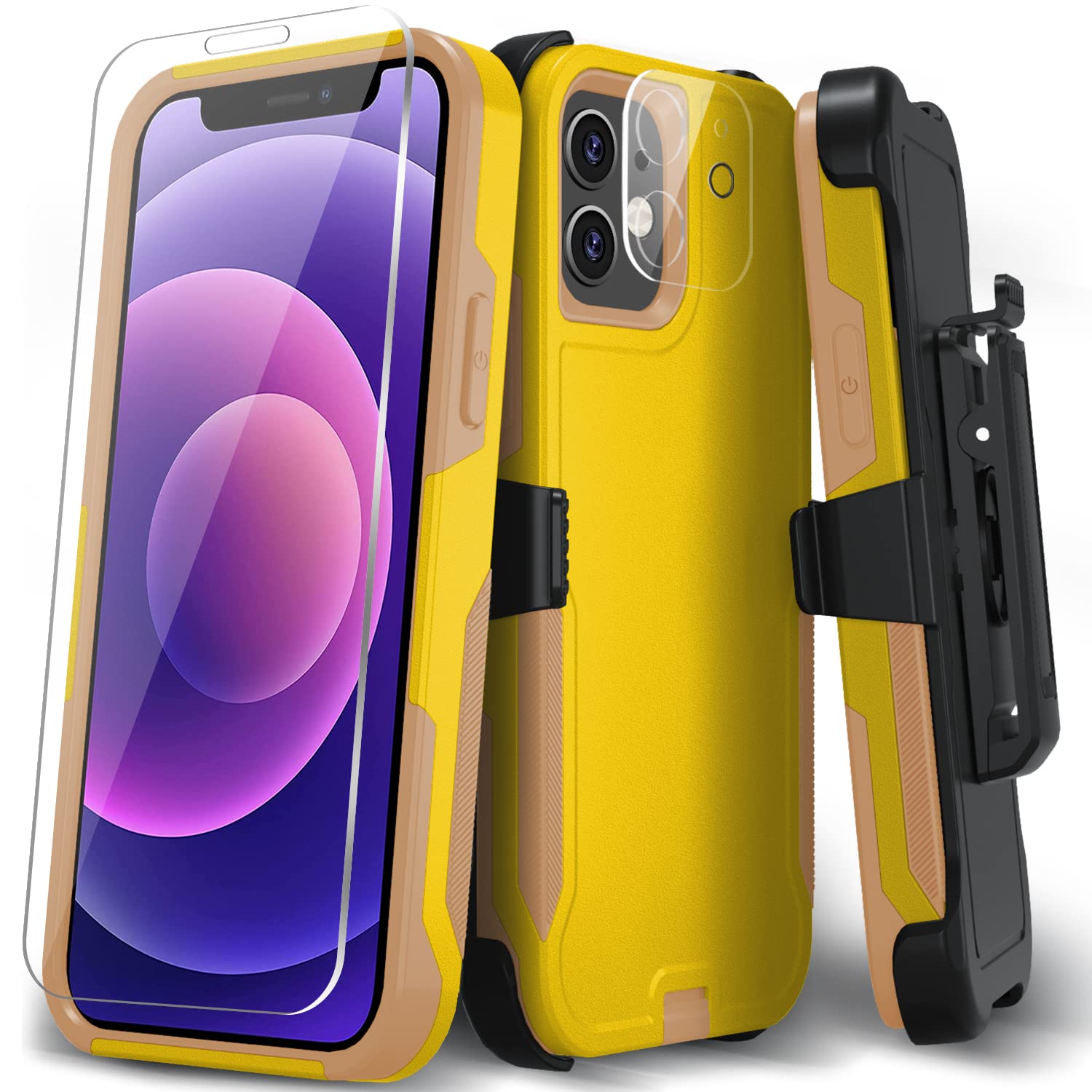 Xmon iPhone 12 and 12 Pro Phone cases, Heavy Duty Rugged Phone Case Belt Clip Leather Holder Holder Protective Case [Shock-proof] Compatible with Apple iPhone 12 and iPhone 12 Pro(yellow)