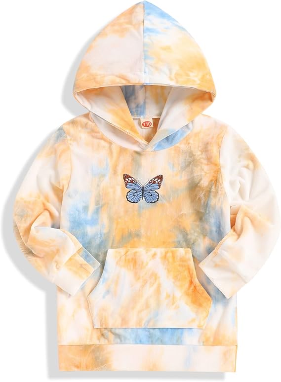 bilison 儿童 toddle 女童 衣服蝴蝶扎染长袖连帽毛衣套头衫秋冬休闲