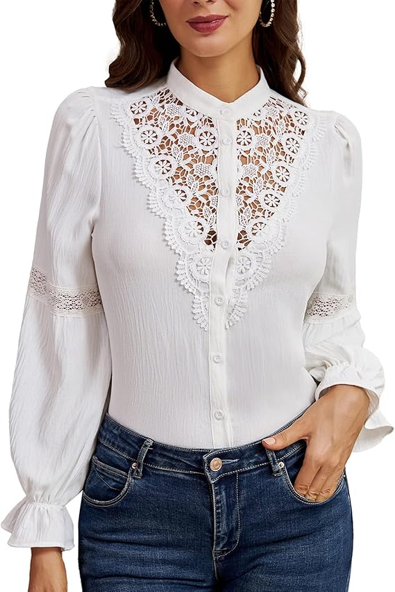 curlbiuty 女式褶皱长袖衬衫休闲蕾丝纽扣衬衫上衣