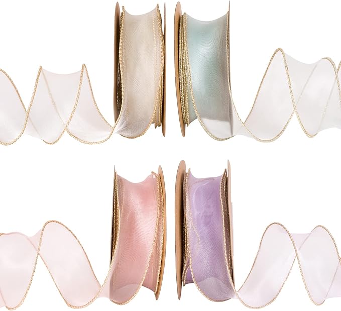 ornales 透明有线欧根纱丝带,金色边缘雪纺丝带用于礼品包装,diy 工艺