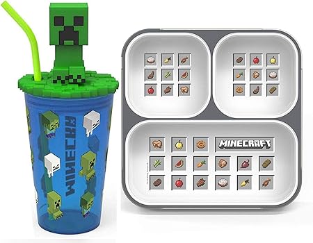 Minecraft 便当 食物冒险套装午餐盒 盒带盖子套装 附有 人物爬行刀面剑设计可重复使用水瓶午餐学校防漏翻盖吸管2件装 亚马逊中国