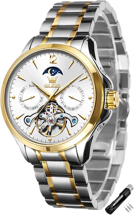 olevs 骷髅机械手表男士奢华自动钻石休闲皮革腕表 自上链月相夜光