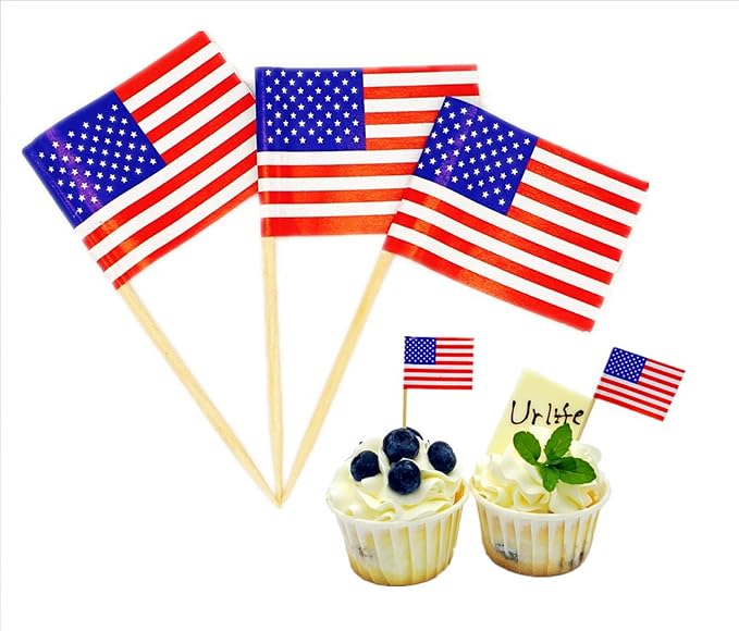 美国国旗装饰牙签 200 件旗帜独立日新年纸杯蛋糕顶饰可食用纸质标记