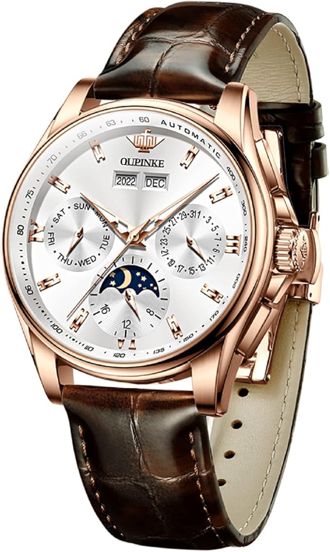 oupinke 男士自动手表,自动机械防水商务手表不锈钢表壳皮革表带日期