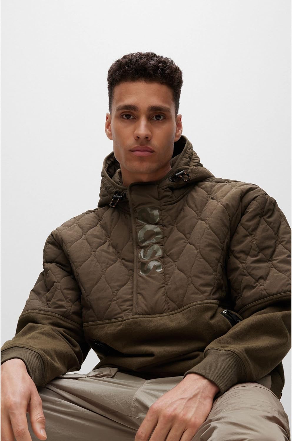 boss 男士 zequilt 连帽卫衣,带缝线和徽标拼接 【hugo boss】 服饰