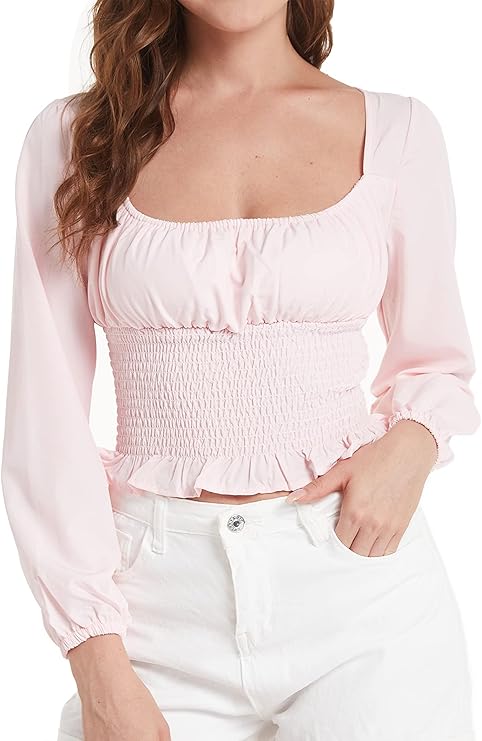 waymode 女式褶皱褶边褶裥腰部露脐上衣方领长袖衬衫衬衫