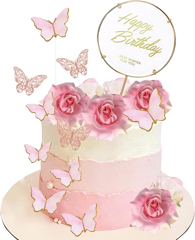 蝴蝶花蛋糕顶饰带玫瑰花蛋糕装饰生日婴儿洗礼派对用品(粉色蝴蝶)