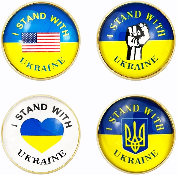 4 件乌克兰国旗翻领别针,金属圆形乌克兰别针,适合女士男士