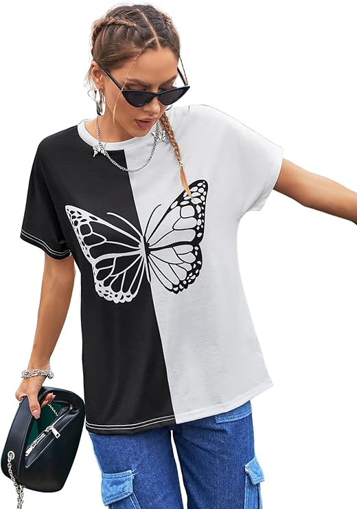 happlan 女式蝴蝶印花圆领 t 恤上衣