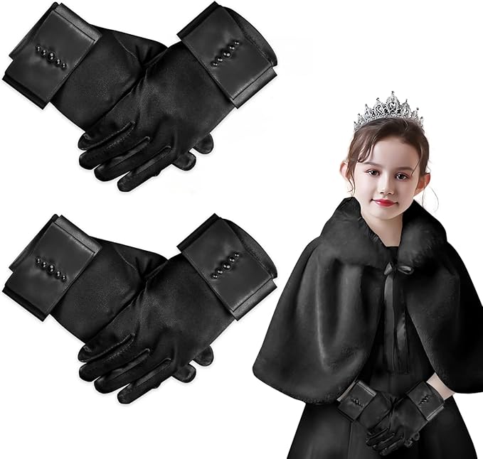 2 双短女孩缎面手套,tanosan 女孩公主手套弹力缎面手套带蝴蝶结珍珠