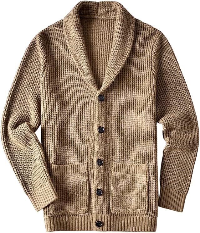 zhili 男式休闲修身厚针织青果领开衫毛衣口袋