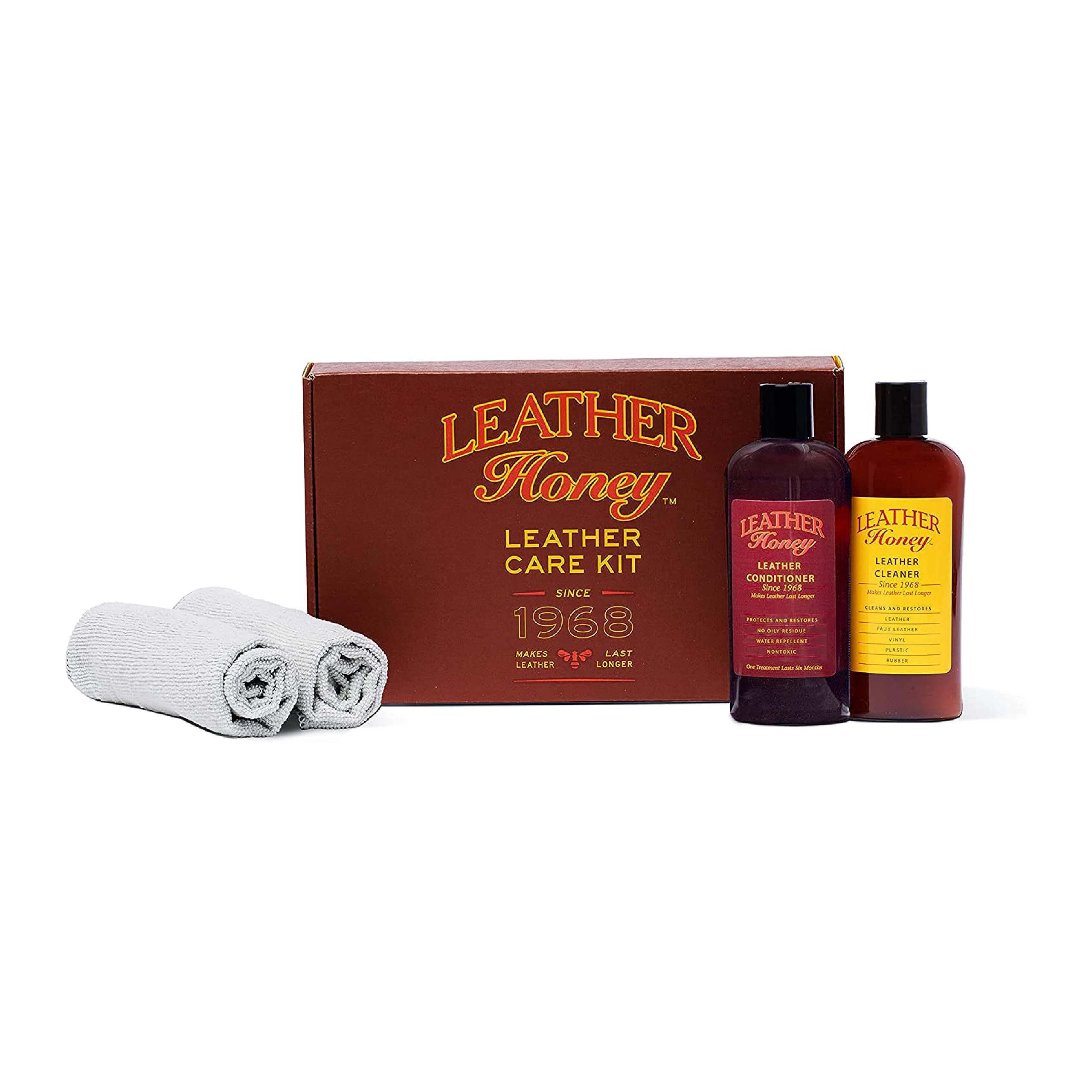 Leather Honey Complete leather care set includes leather conditioner (8 oz.), leather cleaner (8 oz.) and two applicators for leather clothing, furniture, car upholstery, shoes, bags