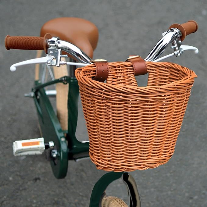 xuef 自行车篮椭圆形复古柳条自行车篮 带棕褐色皮革带 前车把藤条篮