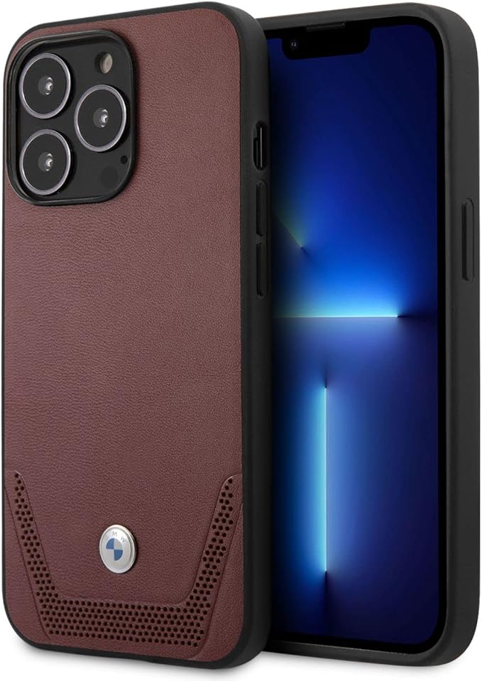 bmw 宝马 iphone 13 pro max 手机壳纯红色,真皮穿孔和保护套,带简易
