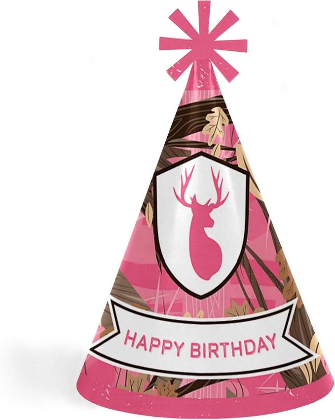 pink gone hunting - 圆锥生日快乐派对帽 适合儿童和成人 - 8 件套