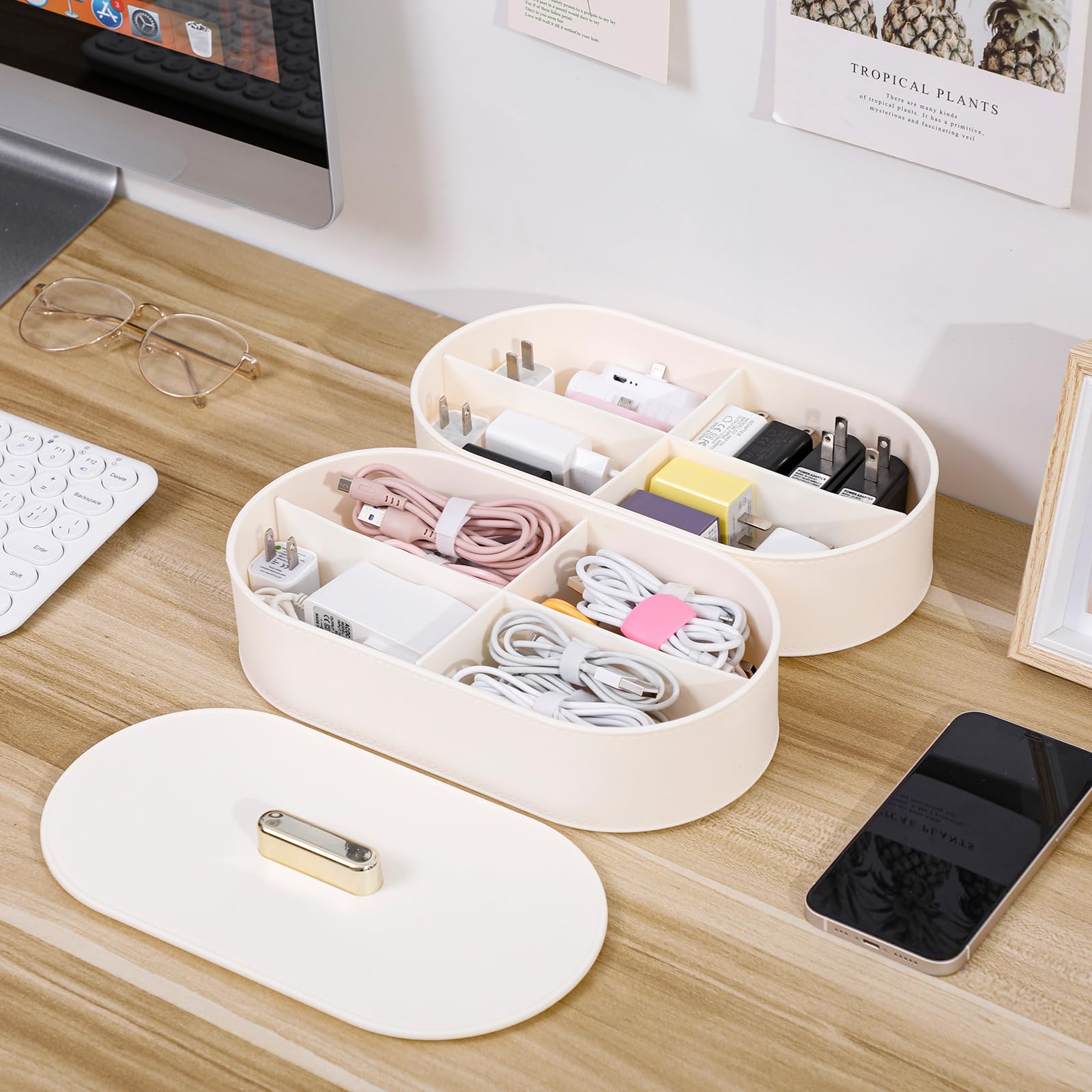 Tahaje white cable management box with 4 compartments, plastic cable organizer, suitable for home office supplies, wires, cosmetics, phone chargers, electronic accessories, desk drawer storage contain