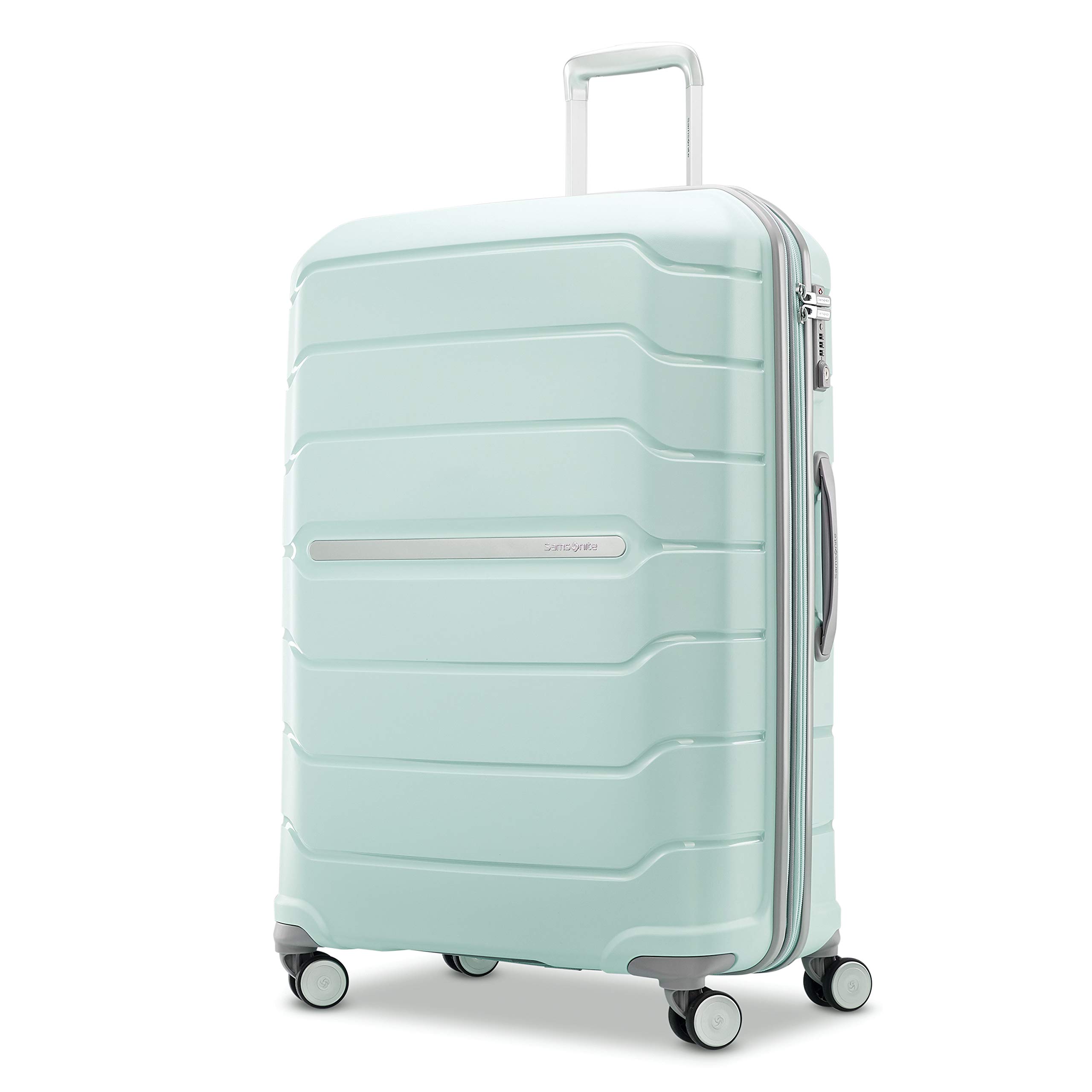 The Samsonite luggage trolley case has a hard surface that can be rolled out and flexible with dual rotator wheels