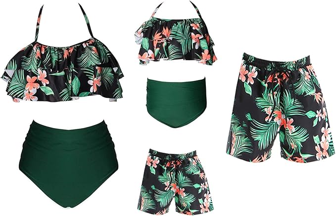 家庭配套泳衣高腰褶皱印花两件套比基尼套装妈妈和女儿泳装游泳裤泳衣