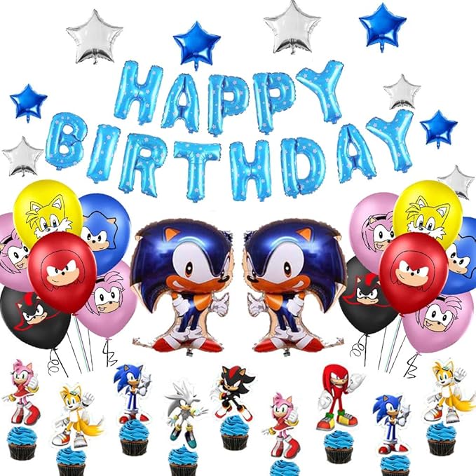 60 件儿童生日索尼克派对装饰,包括生日横幅,声波铝箔气球