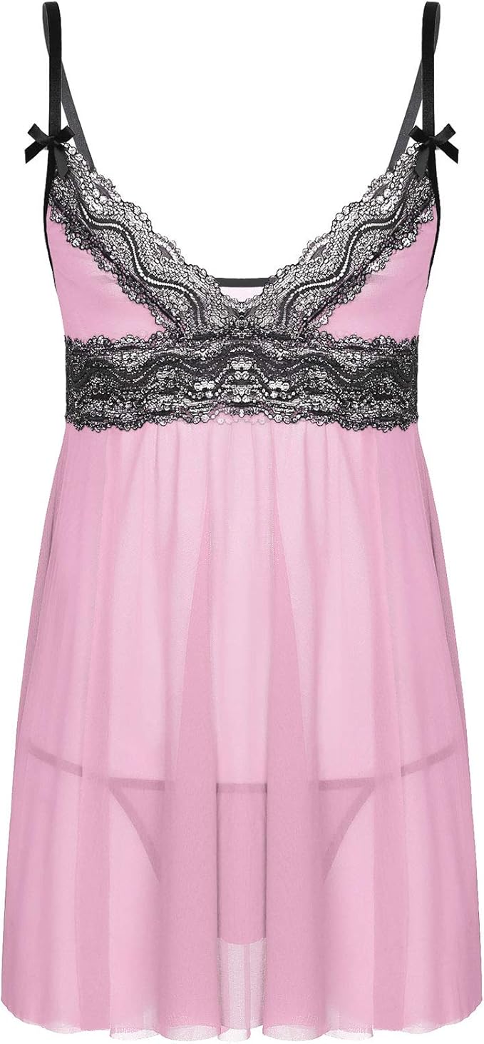 sholeno男式蕾丝娃娃性感v领网眼薄纱sissycrossdressing睡裙睡衣