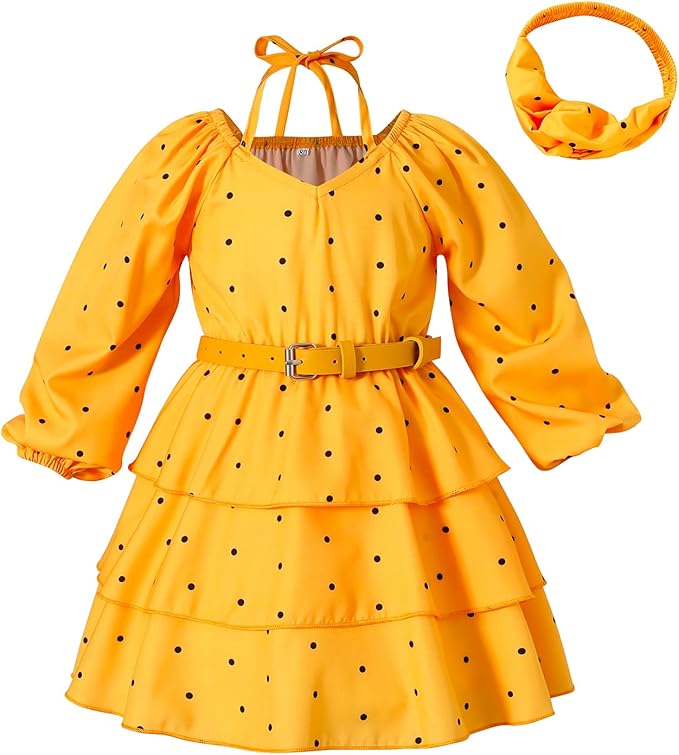 幼童女孩衣服连衣裙挂脖圆点3层褶皱派对礼服雪纺a字裙带腰带头带夏季