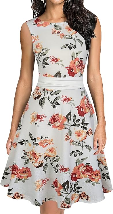 oxiuly 女式无袖花卉夏季休闲连衣裙 a 字型派对鸡尾酒复古连衣裙 ox