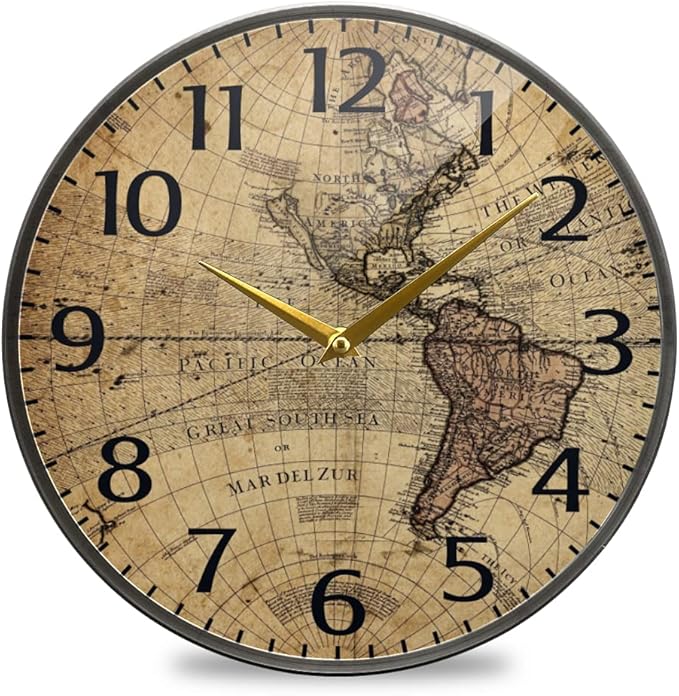 iopmnu 复古复古世界地图挂钟 9.5 英寸(约 24.