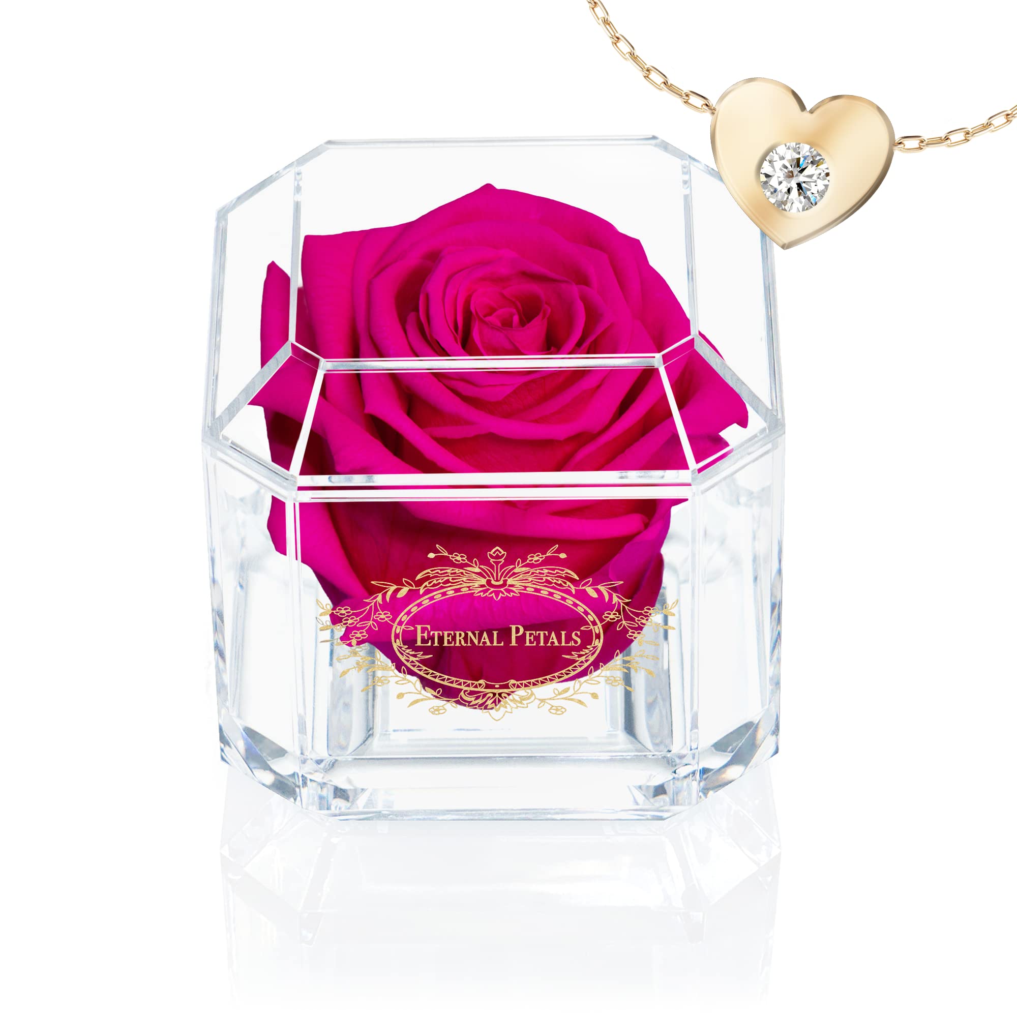 The True Rose of Eternal Life - Eternal Petals, Handmade in England - Gold Solo Gift Box,18 carat gold plated heart necklace, greeting card with clear crystal and love message
