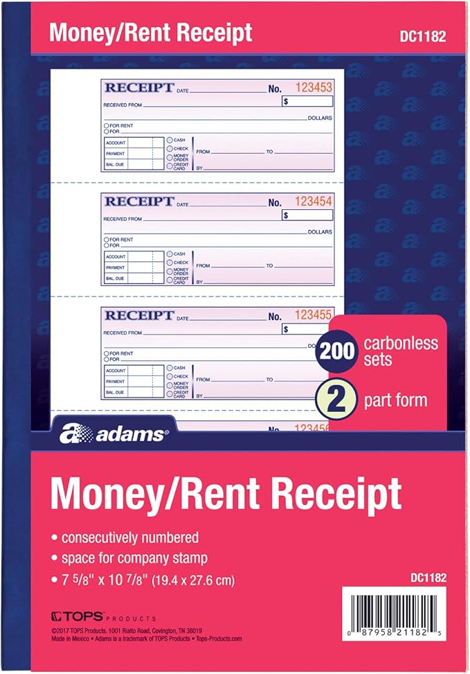 Adams Money And Rent 收据簿 2 部分 无碳 白色 淡黄色 7 5 8 英寸x 10 7 8 英寸 装订包裹封面 每本0 套 每页4 张收据 Dc11 亚马逊中国 办公用品