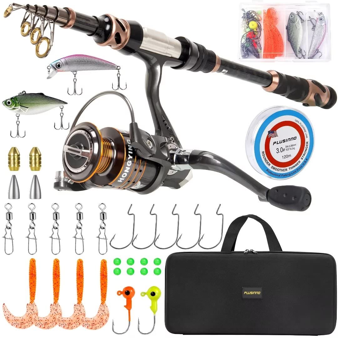 PLUSINNO fishing rod and reel combination - carbon fiber telescopic fishing rod - reel+ball bearing stainless steel BB