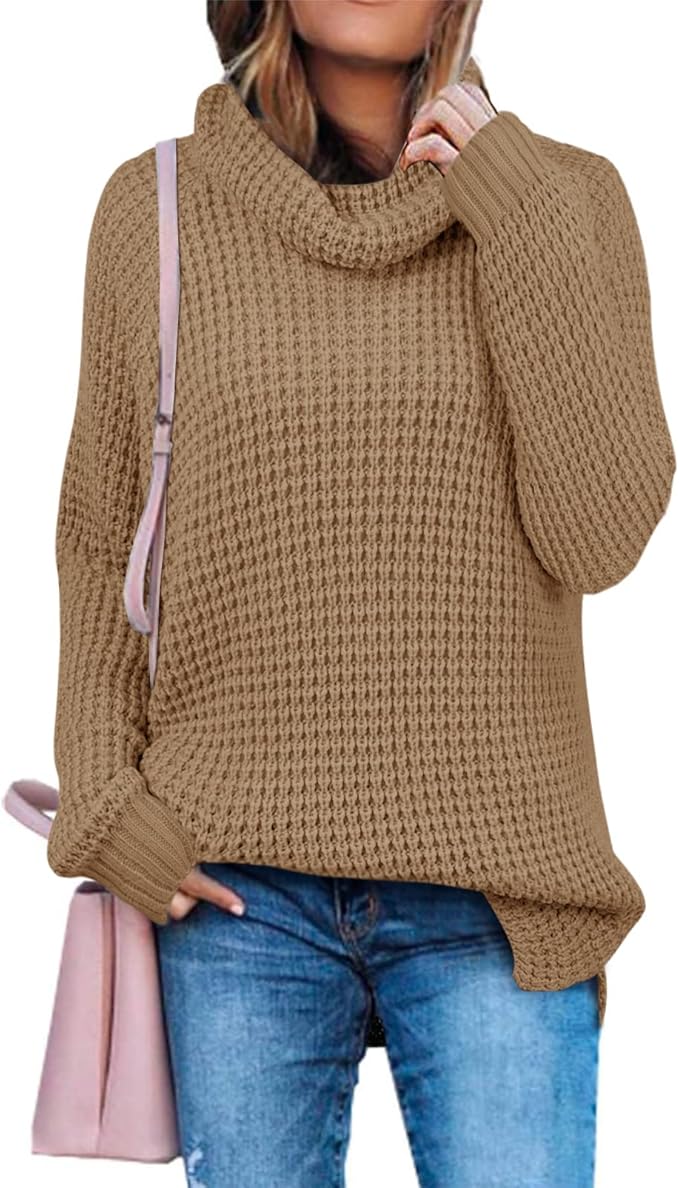 zesica 女式高领长袖华夫格针织休闲宽松套头毛衣套头上衣