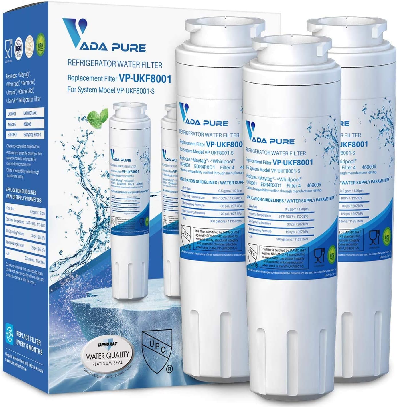 Vada Pure UKF8001 滤水器,NSF/ANSI 42 认证,旋涡式冰箱滤水器的替换件,EDR4RXD1,Maytag