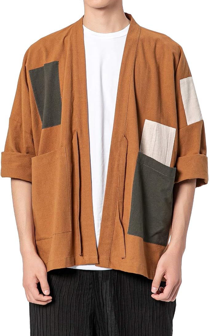 doslavida 男式和服开衫夹克日式棉麻开襟外套长袖拼接浴衣