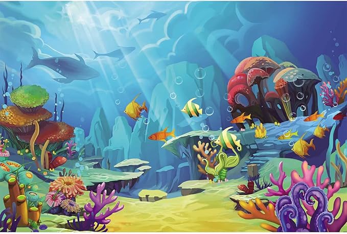 neoback 卡通水下世界背景乙烯基摄影背景海洋世界热带鱼彩色珊瑚礁