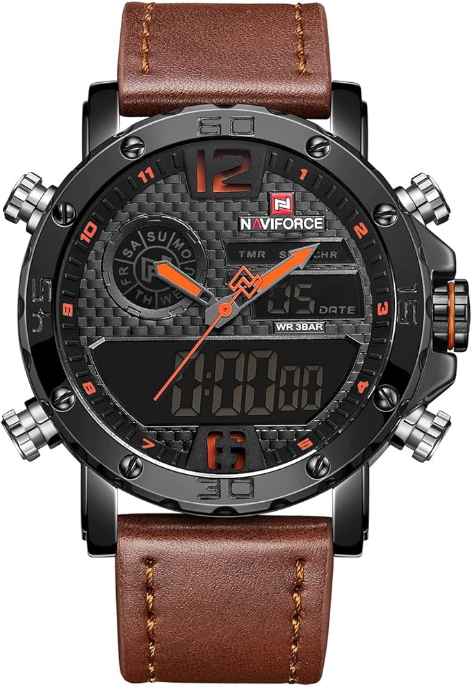 naviforce 男士防水运动手表皮革数字模拟手表豪华休闲双时手表