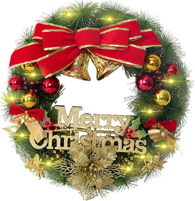 sgqcar 人造圣诞花环,圣诞挂环,圣诞花环装饰带灯,圣诞装饰花环室内