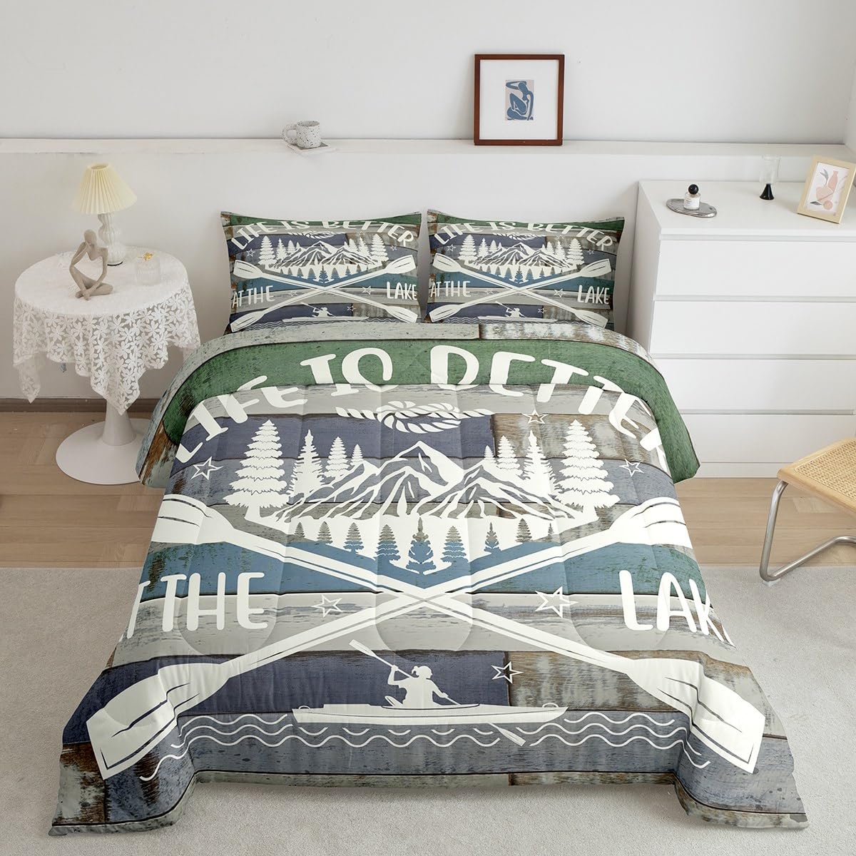 Feelyou Lake House Quilt Set Single Bed Size with 1 pillowcase Country Lake Quilt Lake Camping Paddle Bedding set Lake Life quilted duvet set for kids Adult Boys