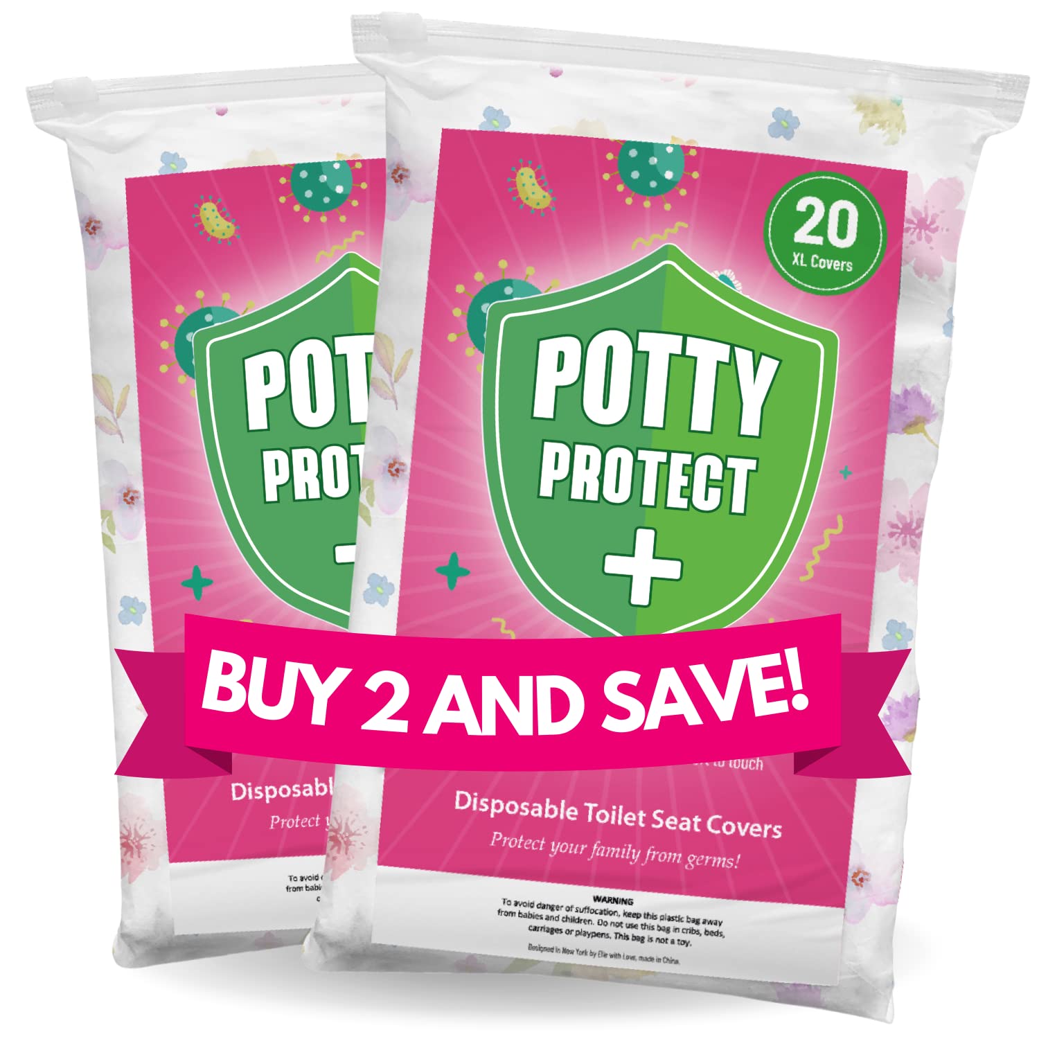 2-pack - 40 oversized disposable toilet seat covers (floral) by Eli with Love - Toddler toilet cover completely covers the toilet or bedpan - the ideal travel toilet seat cover for children and adults