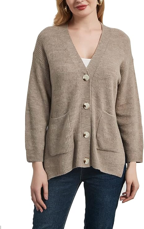 woolen bloom 女士开衫毛衣长袖开衫带口袋系扣毛衣外套