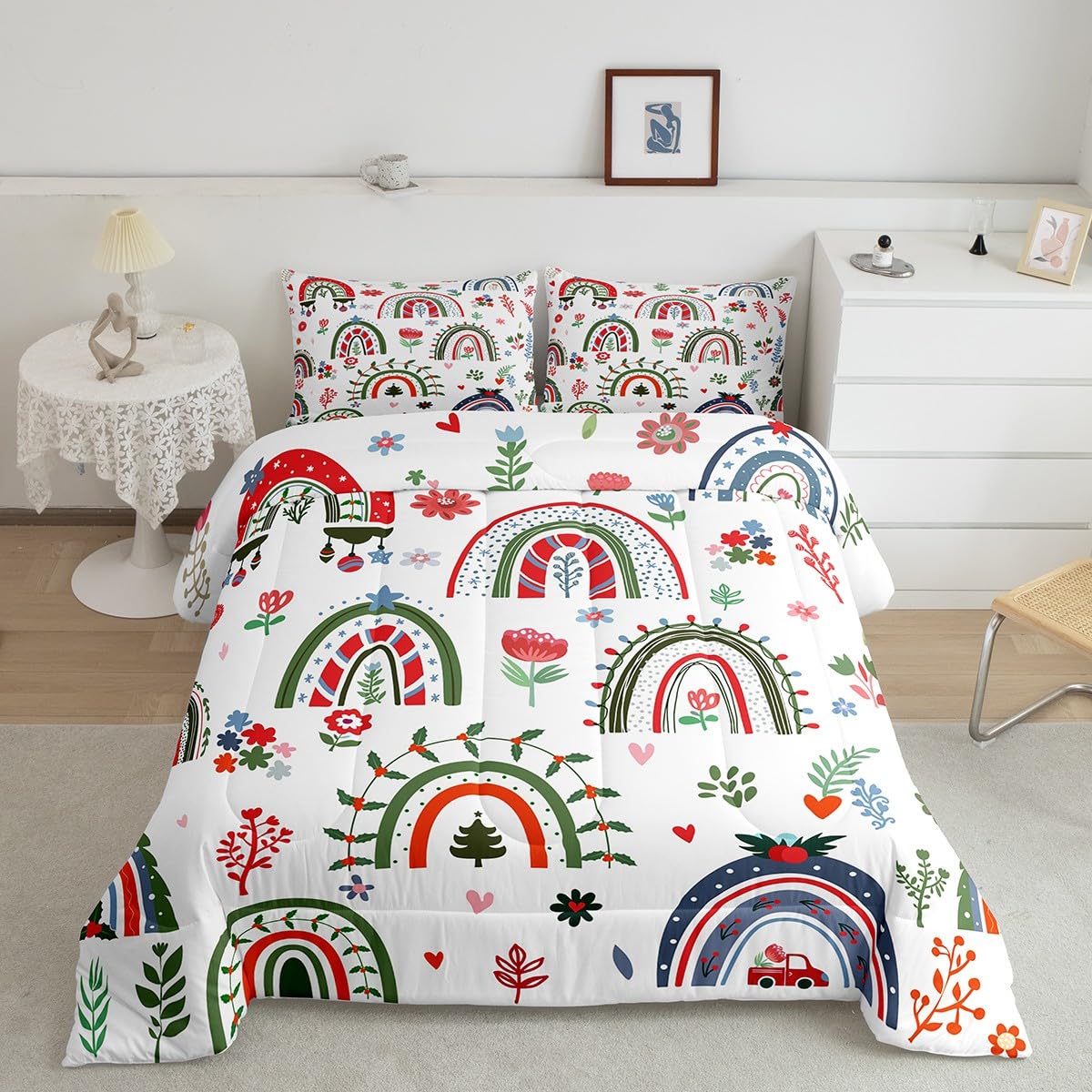 Feelyou Rainbow Quilt Set Full Size with 2 pillowcases Colorful striped quilt Red * Rainbow Bedding Set Floral print quilted duvet set suitable for children adults