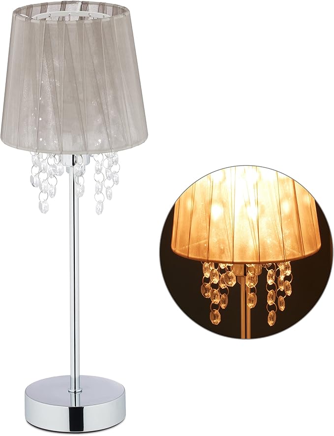 relaxdays 水晶台灯 欧根纱灯罩 圆形底座 床头灯 高 × d 41 × 14.