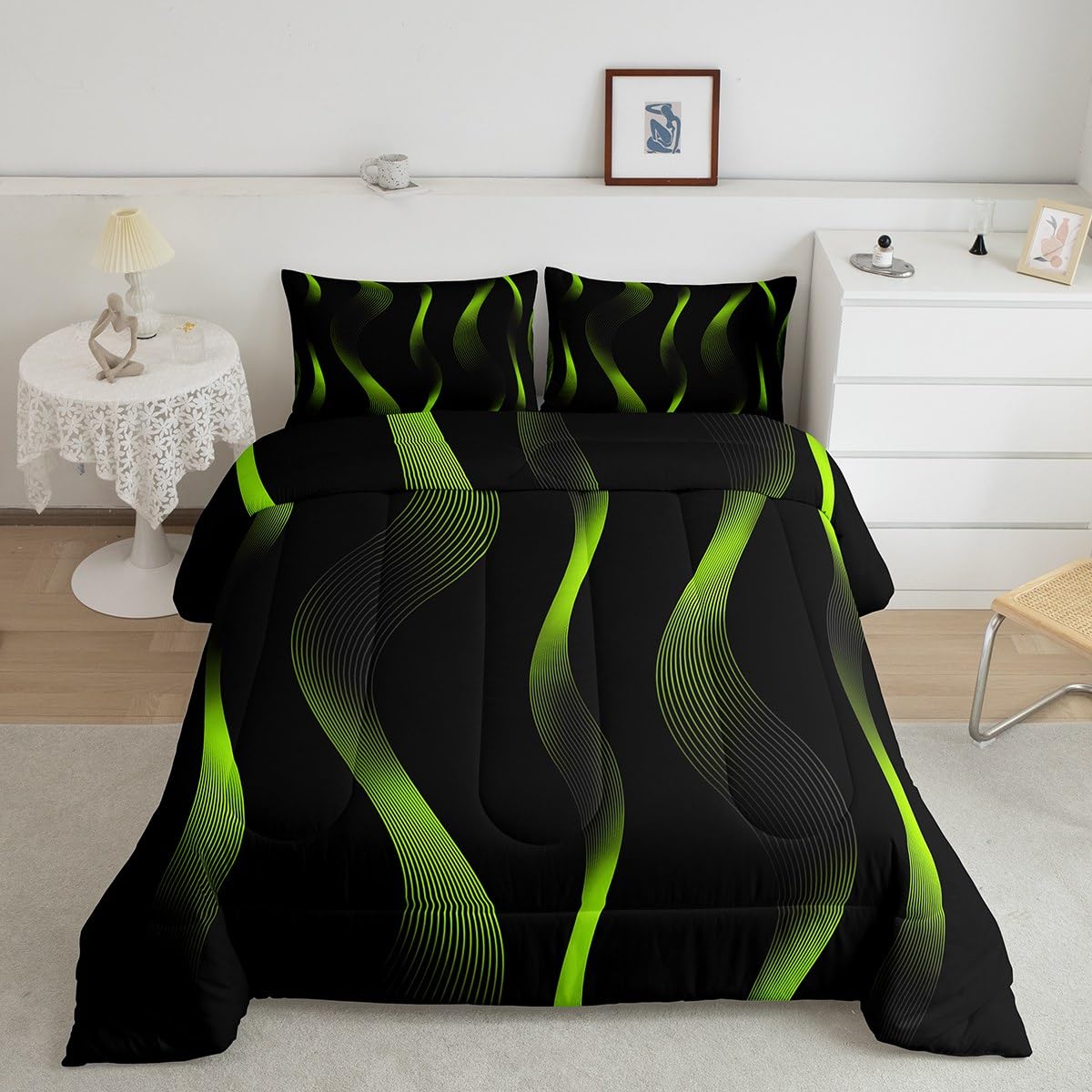 Lime Green Striped bedding Large neon flash geometric line bedding set Abstract geometric quilt set suitable for children teens adults modern fashion black duvet core 2 pillowcases